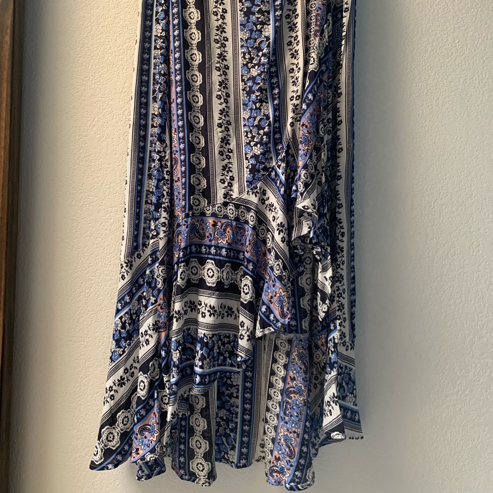 Blue Boho Asymmetrical Midi Skirt, Microfloral/Paisley Print from Stevie Hender